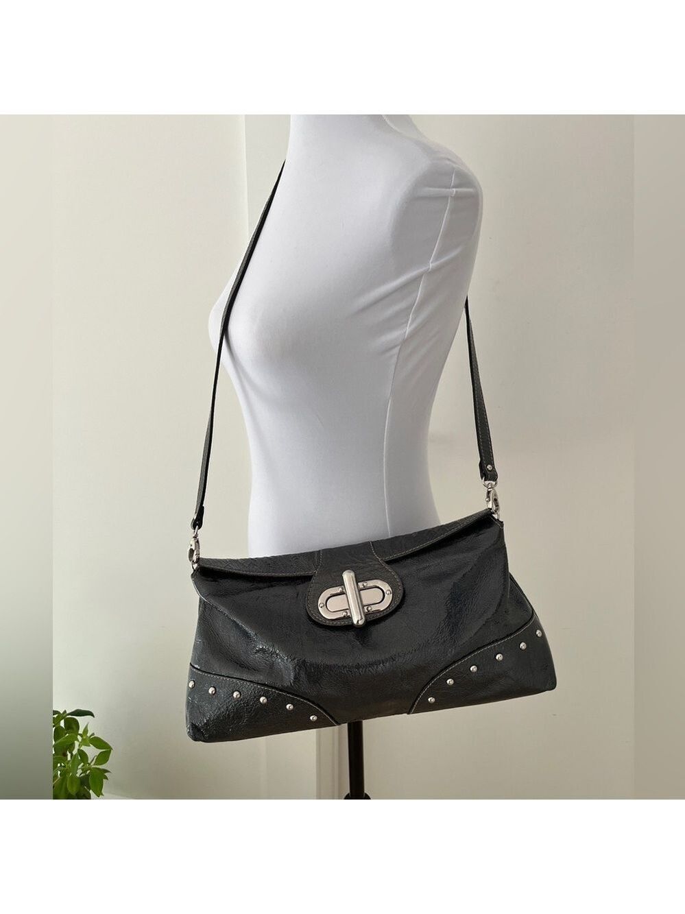 NUOVEDIVE Genuine Leather Made Italy Grey-Green Patent Stud Detail Shoulder Bag